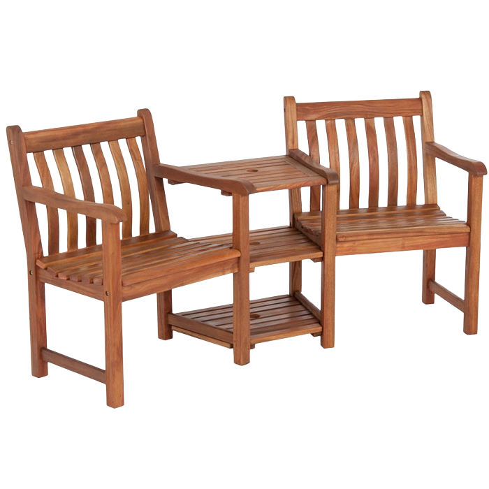 Wooden outdoor furniture set with two chairs and a small table on a white background