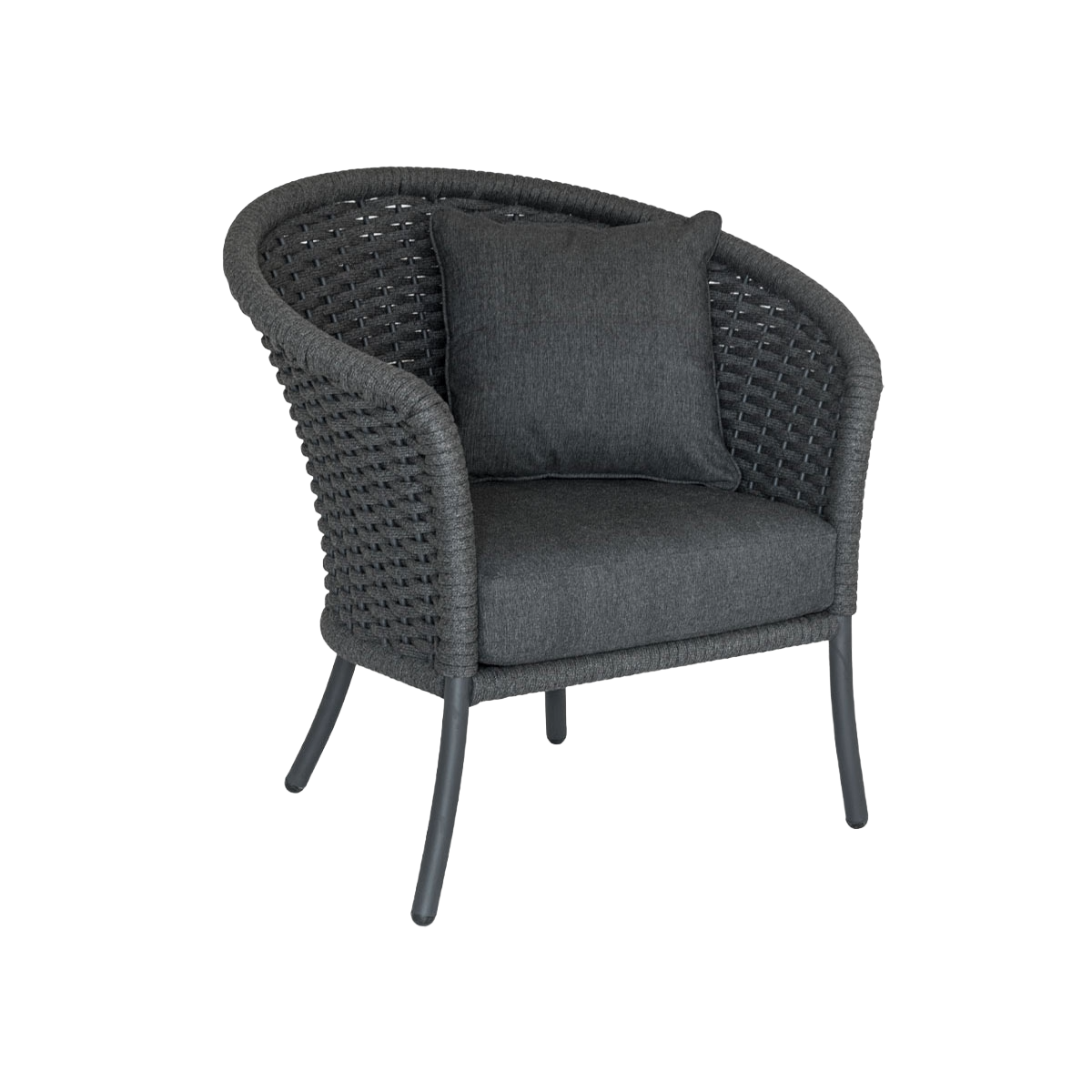 Gray wicker armchair with a cushion on a white background