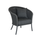 Gray wicker armchair with a cushion on a white background