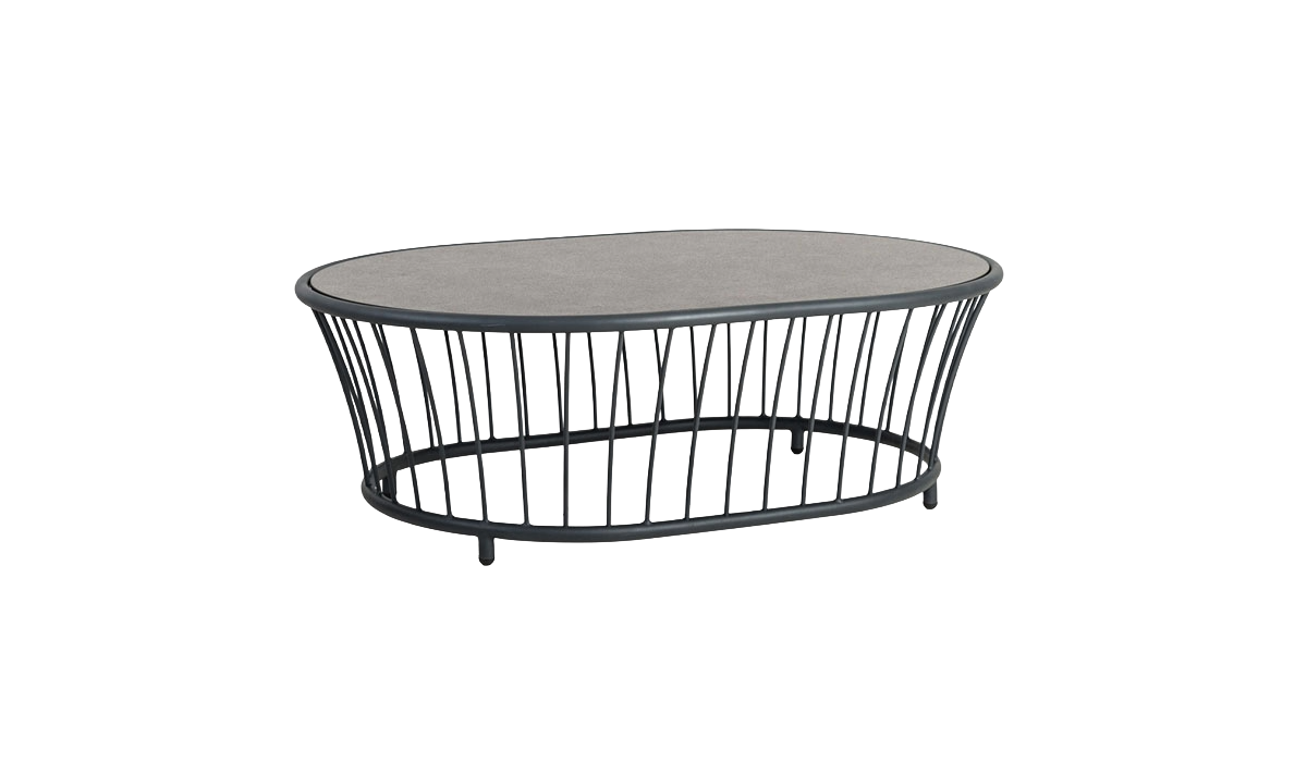 Round metal coffee table with a marble top on a white background