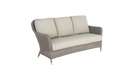 Wicker outdoor sofa with beige cushions on a white background