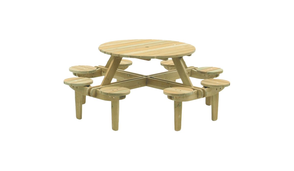 Wooden picnic table with eight stools on a white background