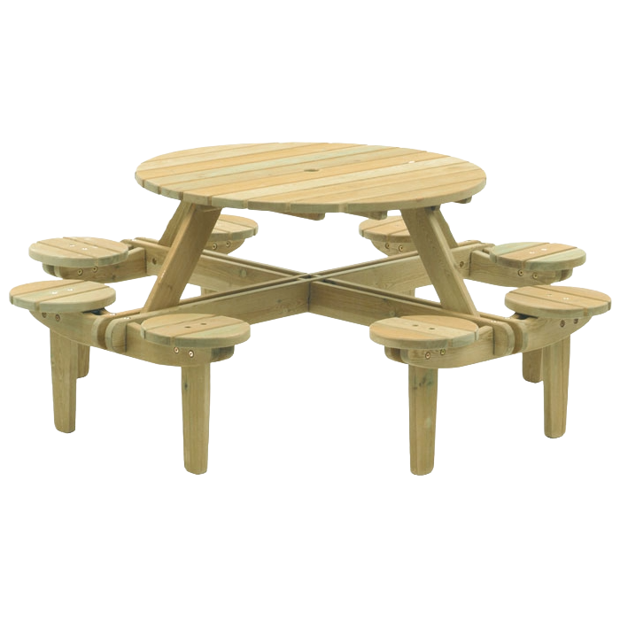 Wooden picnic table with eight stools on a white background