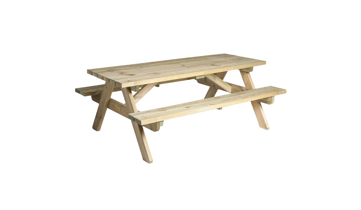 Wooden picnic table on a white background