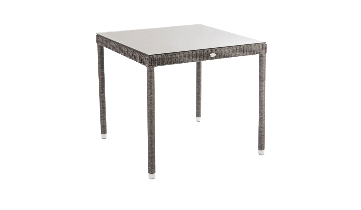Square outdoor table with wicker frame and white glass top on a white background