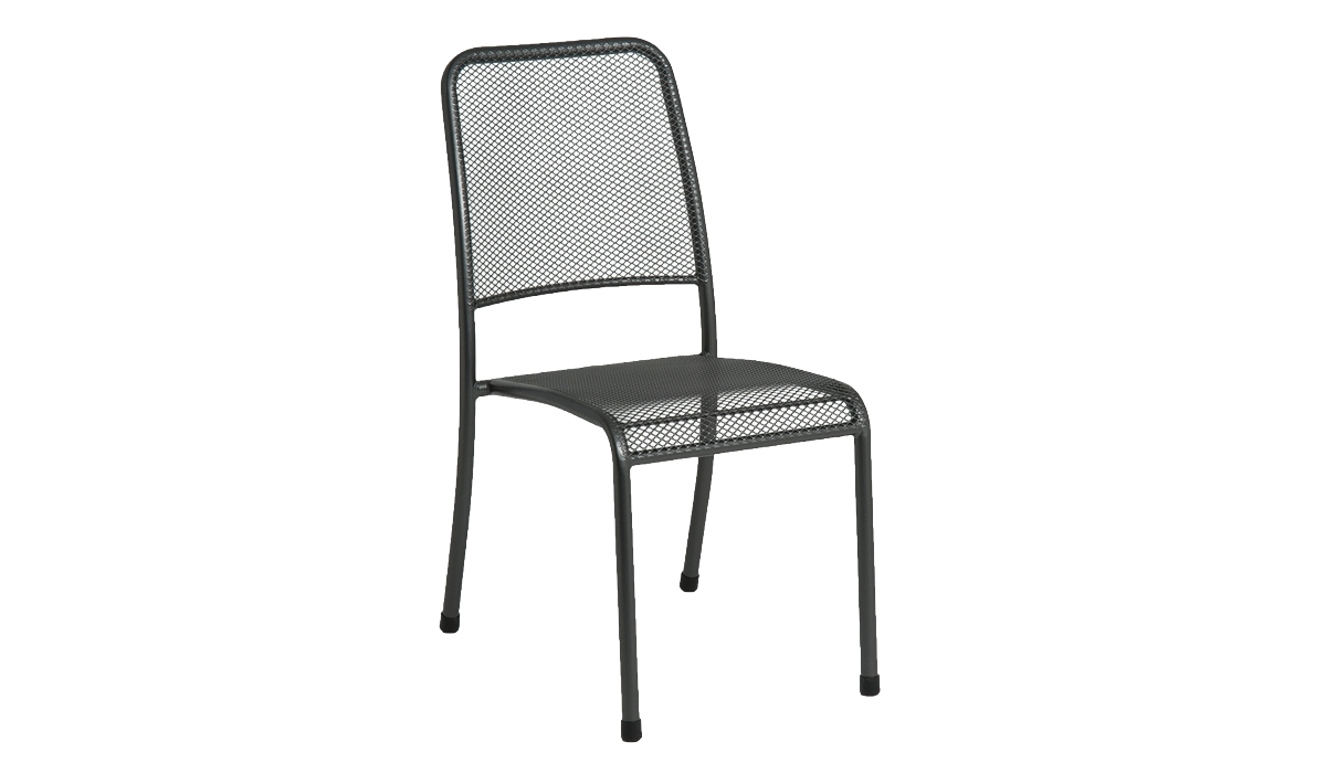 Black metal chair with mesh back on a white background