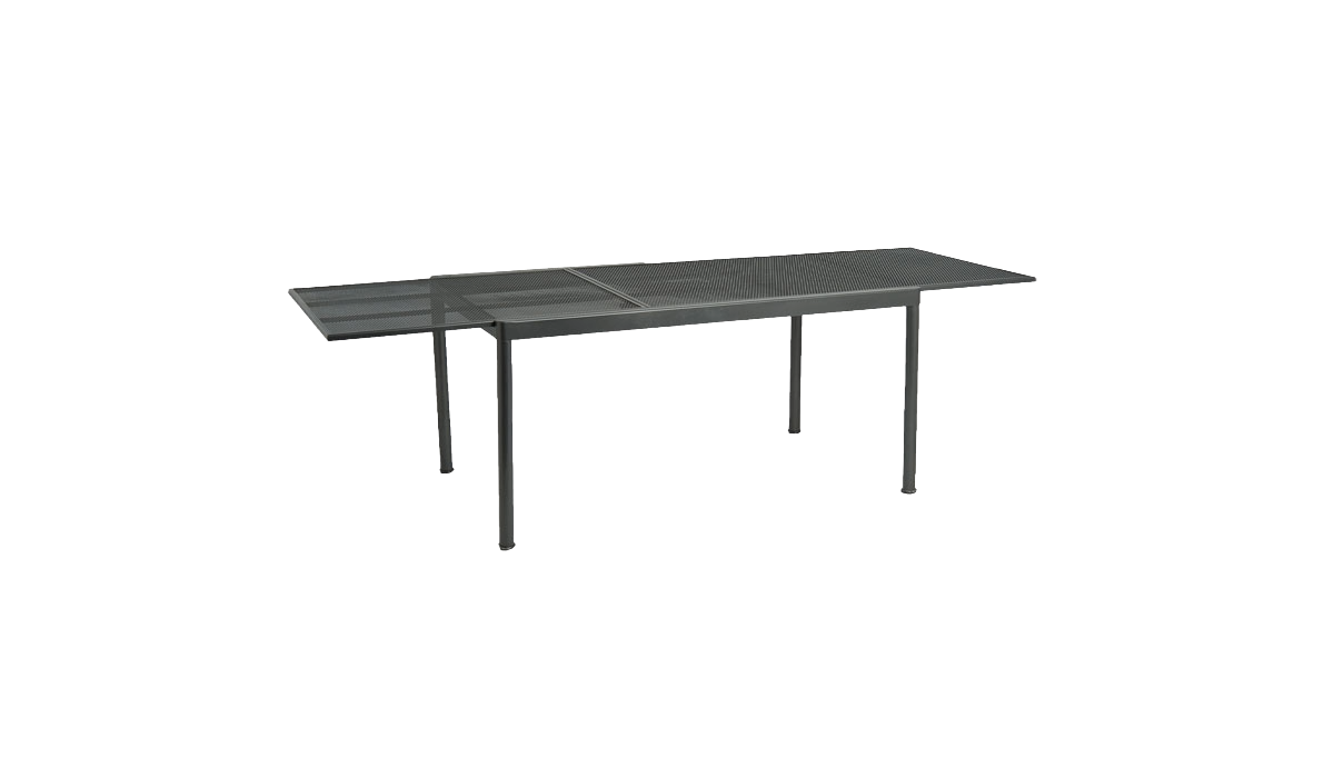 Black metal extending dining table on a white background