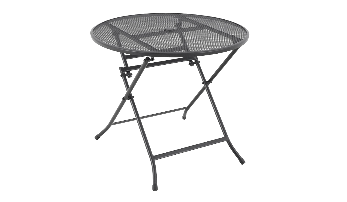 Black metal folding table on a white background
