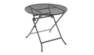 Black metal folding table on a white background
