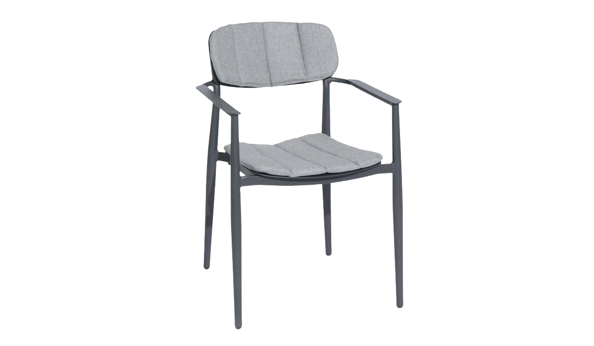 Gray chair with a cushioned seat and backrest on a white background