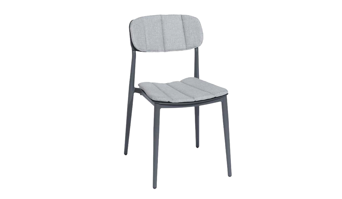 Chair with gray cushioned seat and backrest on a white background