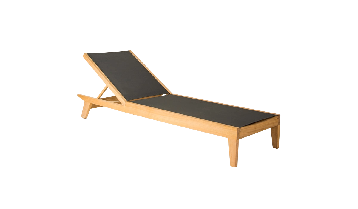 Wooden sun lounger with black cushion on a white background