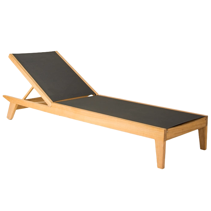Wooden sun lounger with black cushion on a white background