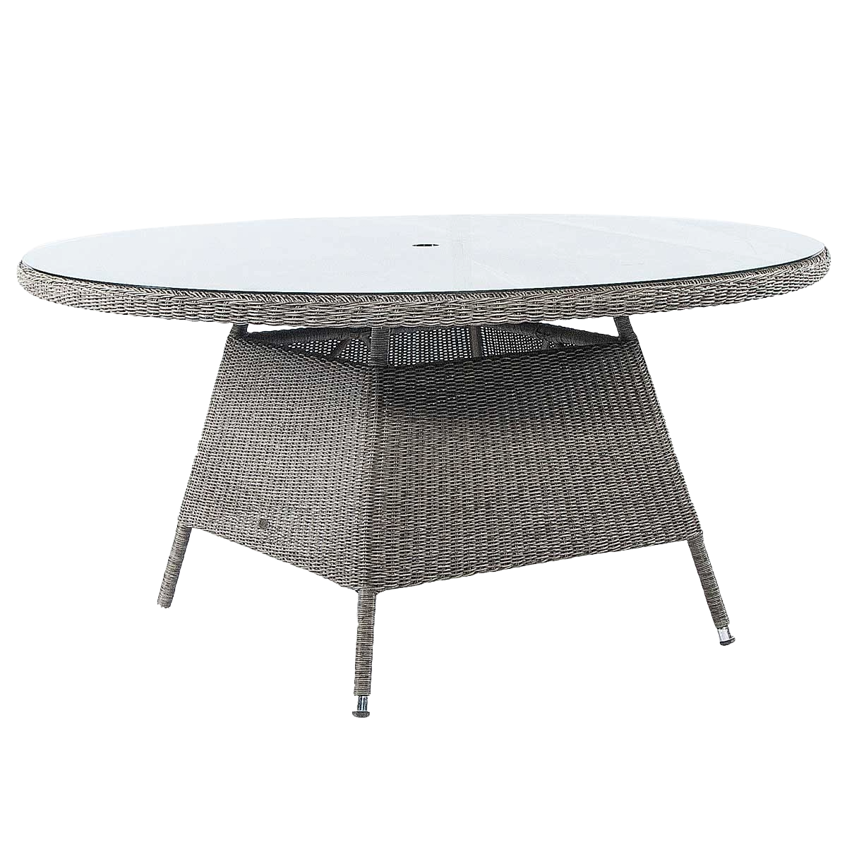 Round outdoor dining table with wicker frame and glass top on a white background