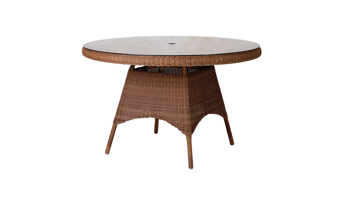 Round outdoor table with wicker base and marble top on a white background