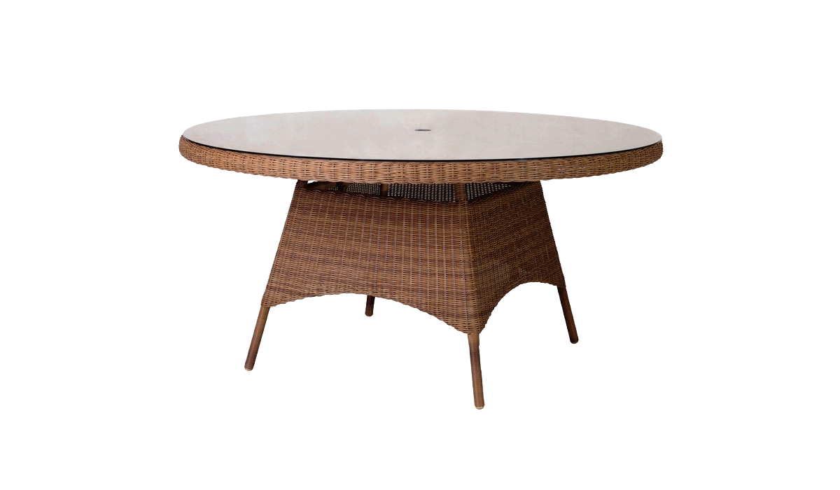 Round outdoor table with wicker frame and marble-like top on a white background