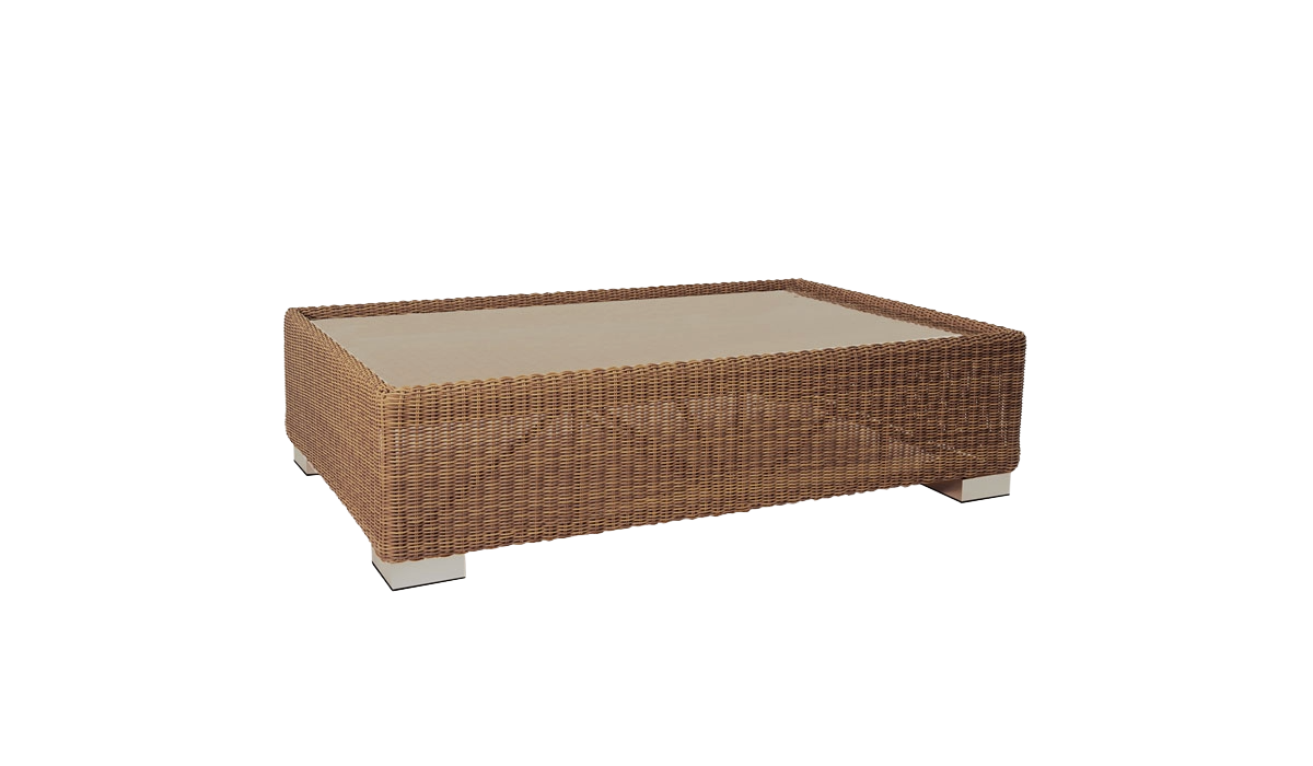 Wicker coffee table with a beige top on a white background