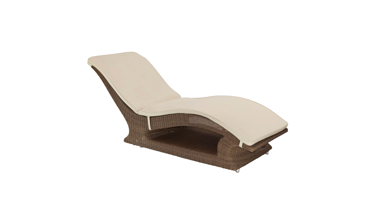 Beige lounge chair with wicker frame on a white background
