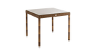 Square outdoor table with wicker frame and glass top on a white background
