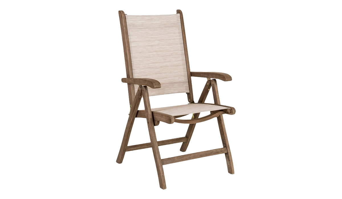 Wooden chair with beige seat and backrest on a white background