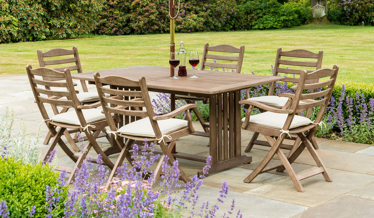 Sherwood Garden Dining Set with  6 Folding Carver Chairs & Cushion Seats