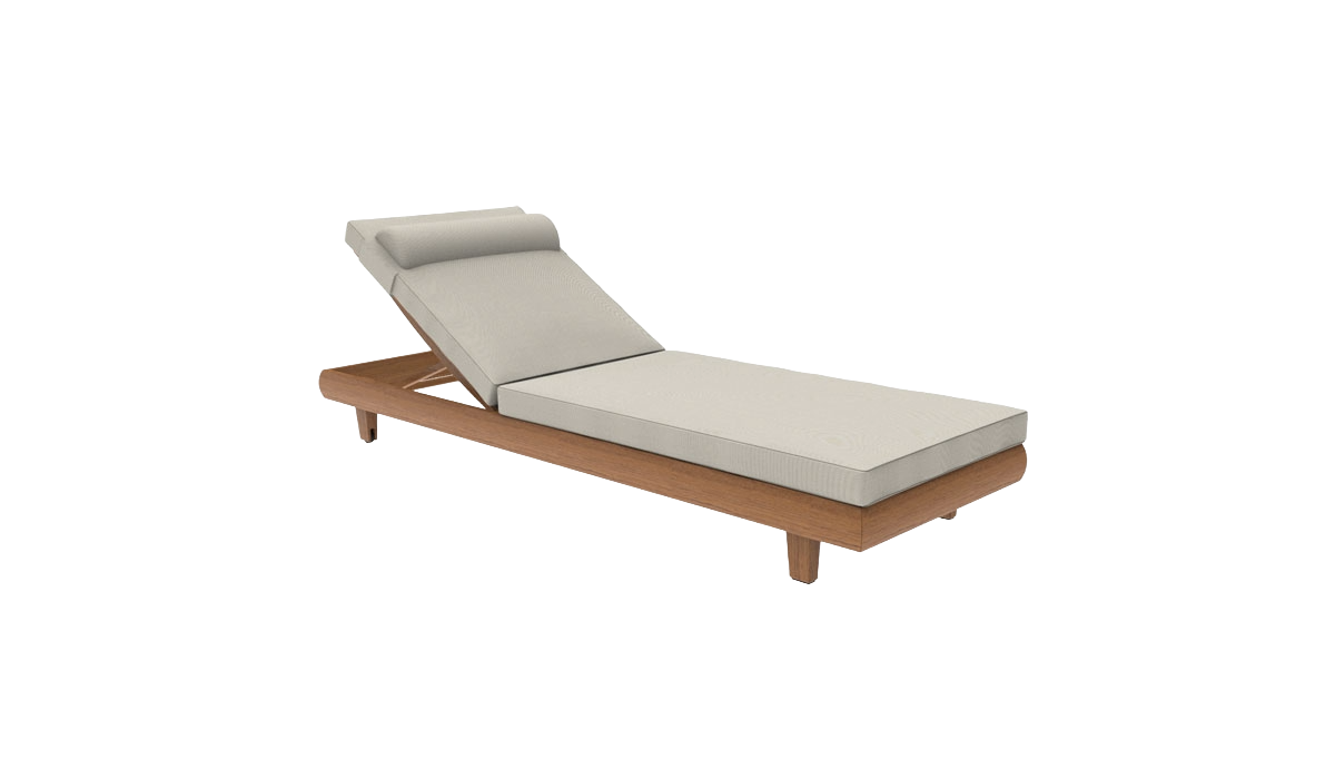 Beige outdoor lounge chair with wooden frame on a white background