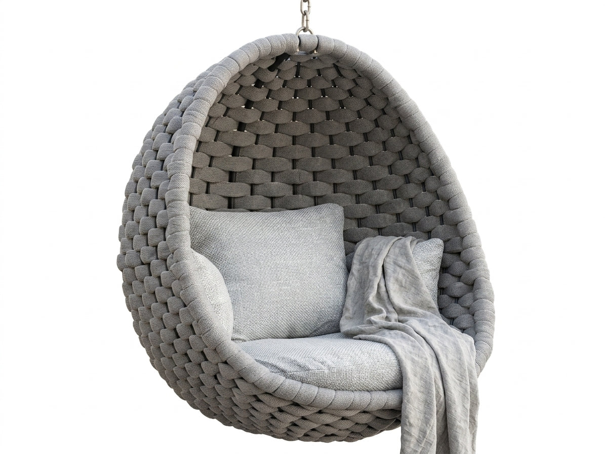 Gray woven hanging chair with cushions on a white background