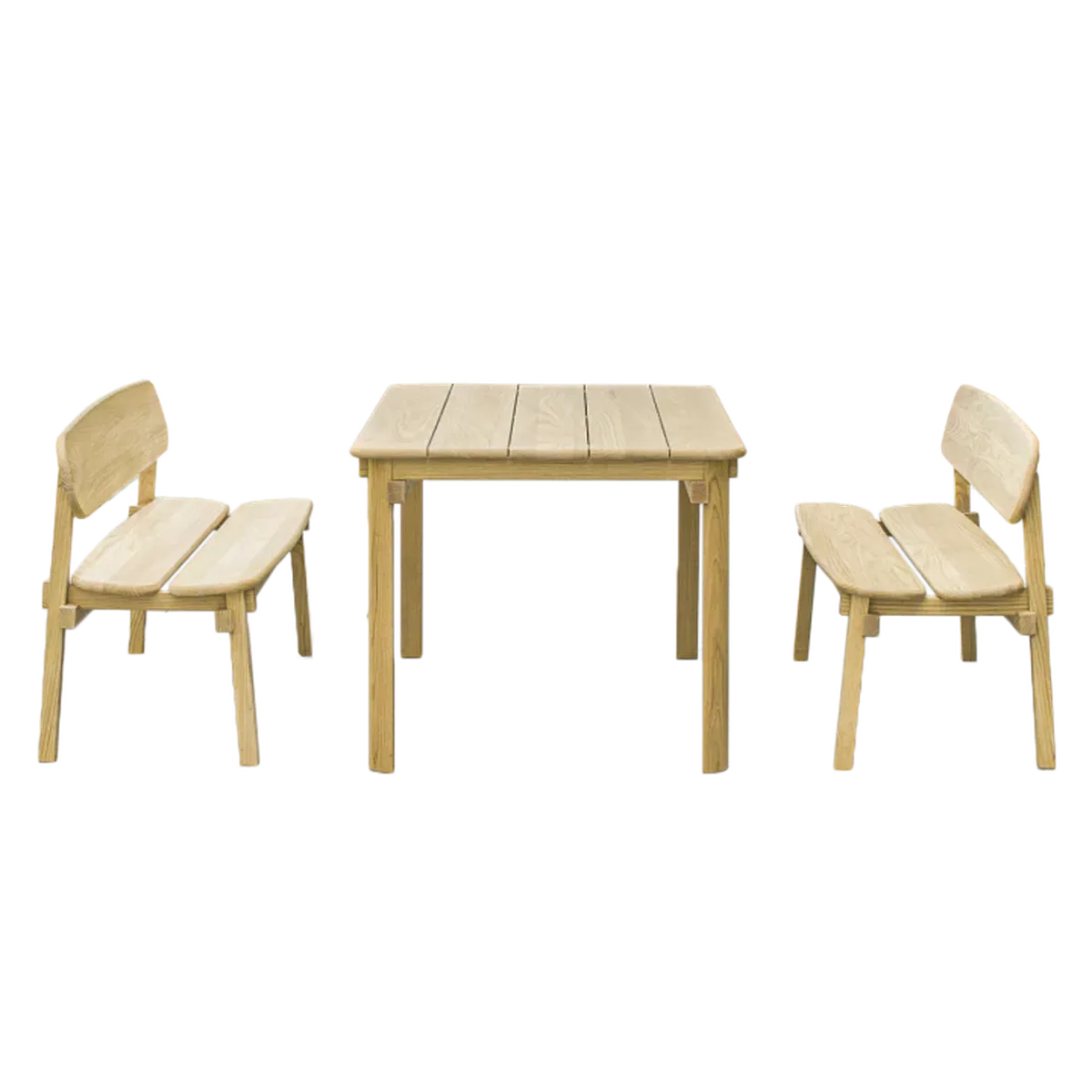 Rectangular pine outdoor table with two matching bench seats with backs 