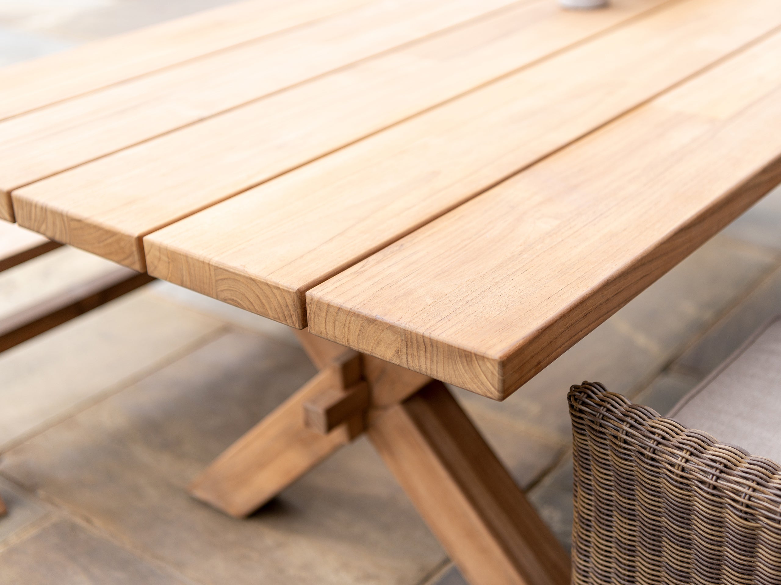large teak plank table in detail