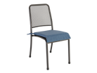 Dark grey metal dining chair with a blue cushion