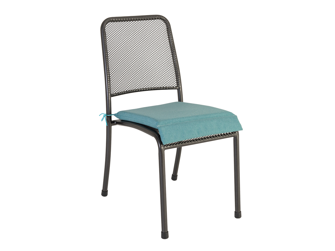 Dark grey metal outdoor dining chair with a turquoise cushion 
