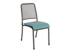 Dark grey metal outdoor dining chair with a turquoise cushion 