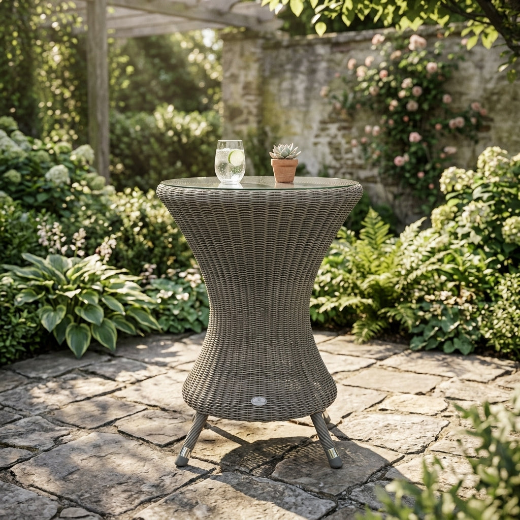 Rattan side table with a glass of water and a small plant on a stone patio surrounded by greenery.