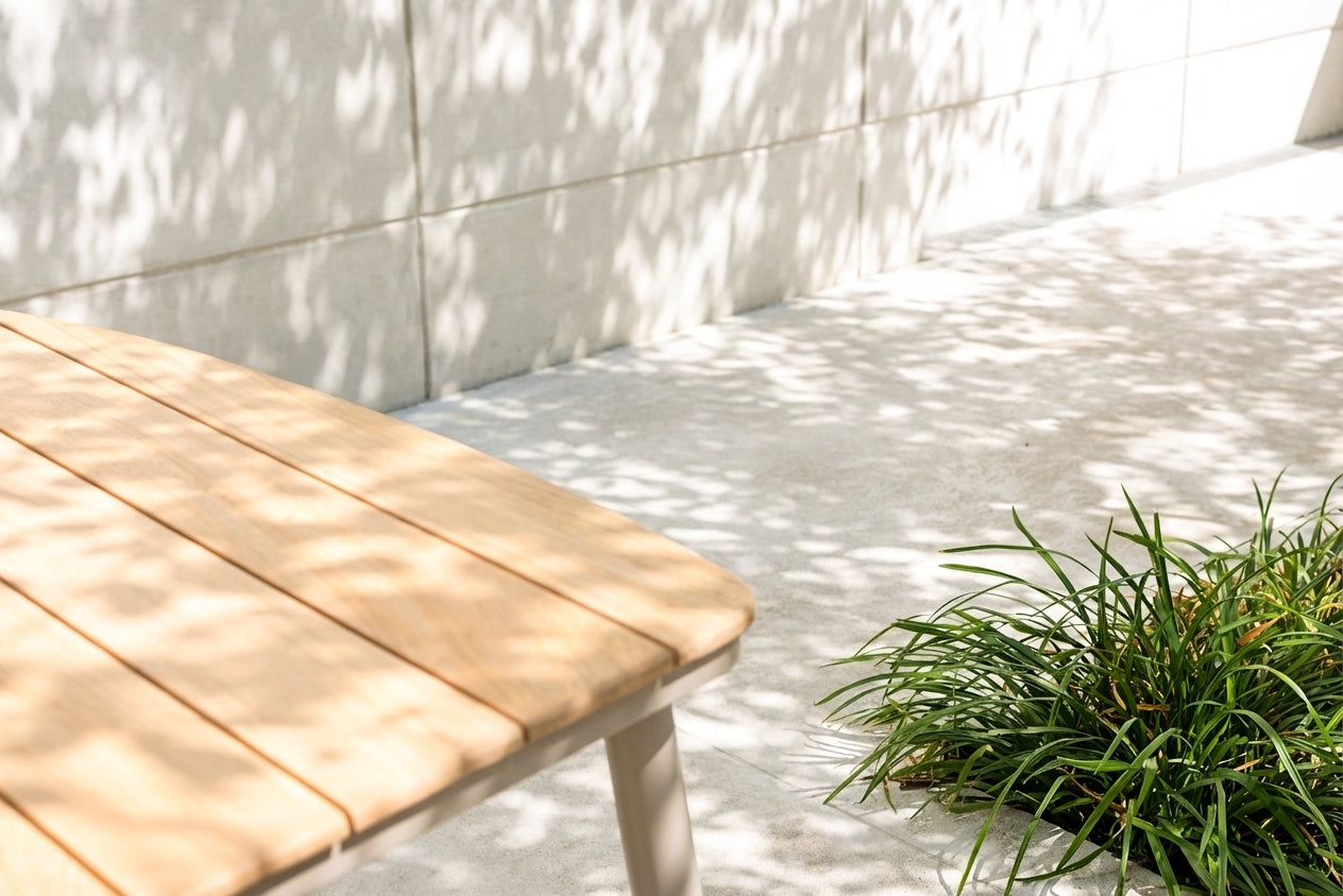 A wooden table top of roble slatted wood