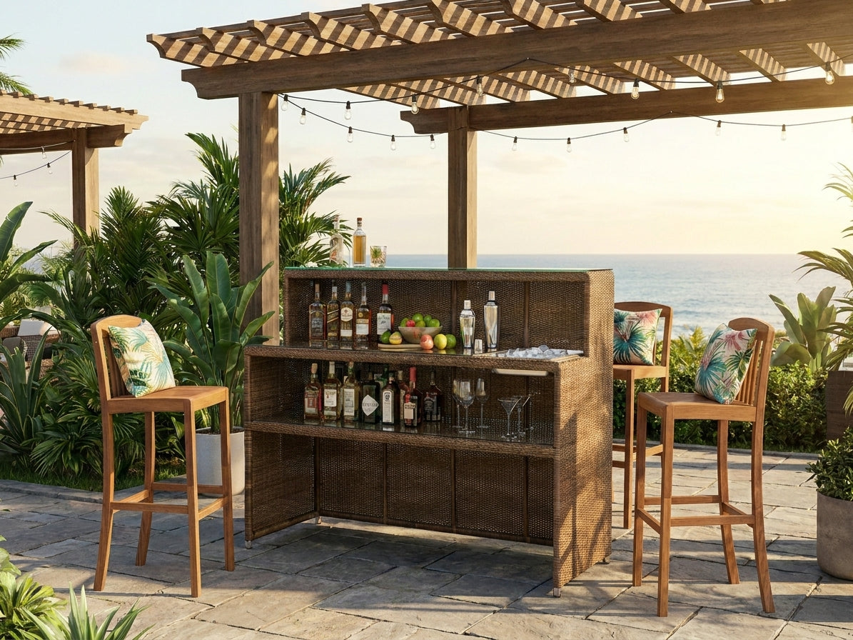 Outdoor bar setup with drinks and barware under a wooden pergola with ocean view.