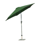 A green parasol patio umbrella with a silver metal pole and a square stone base, shown open against a plain white background.