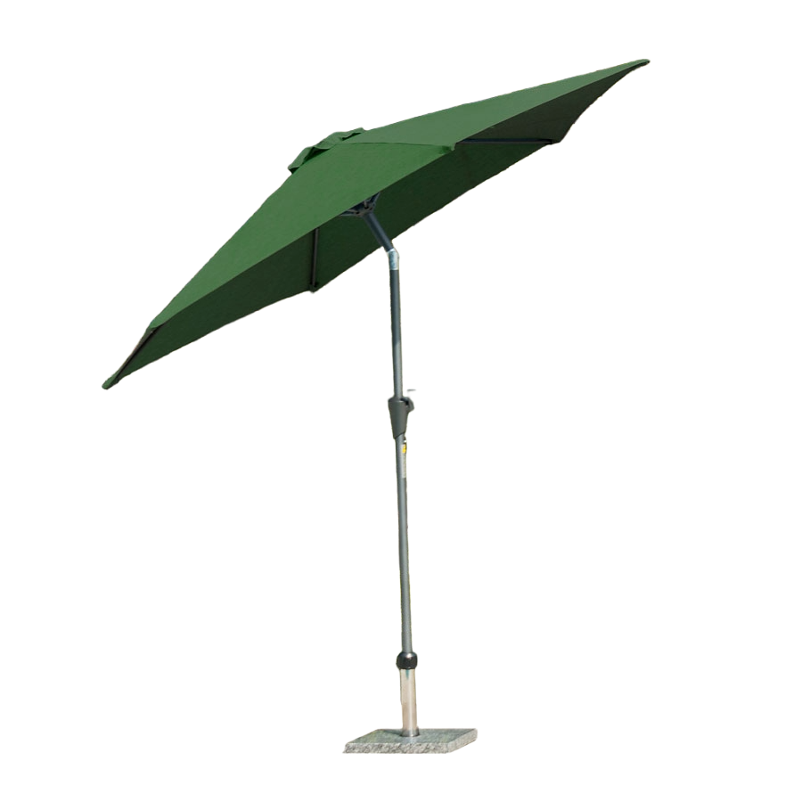 A green parasol patio umbrella with a silver metal pole and a square stone base, shown open against a plain white background.