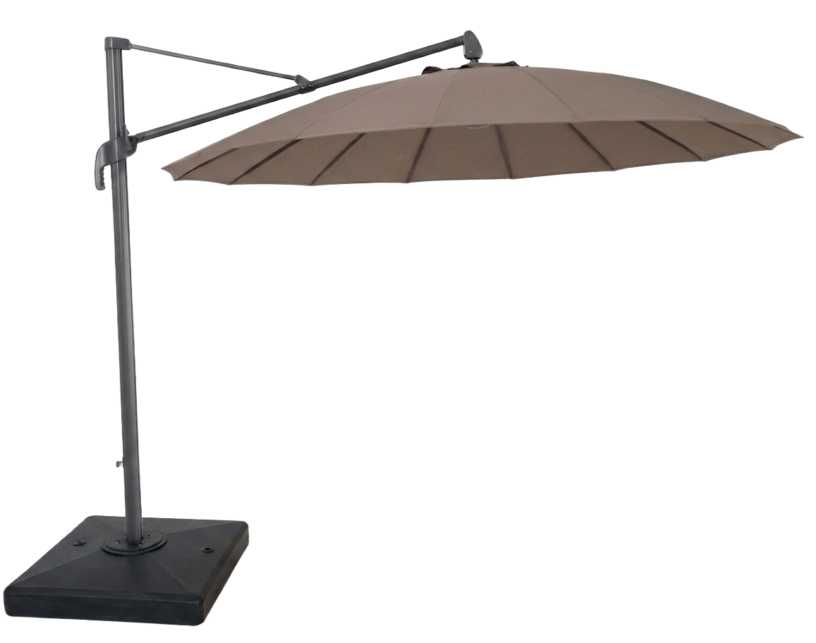 A patio offset umbrella with a dark brown canopy, a taupe metal arm and pole, and a square black weighted base, shown against a plain white background.