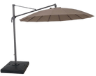 A patio offset umbrella with a dark brown canopy, a taupe metal arm and pole, and a square black weighted base, shown against a plain white background.