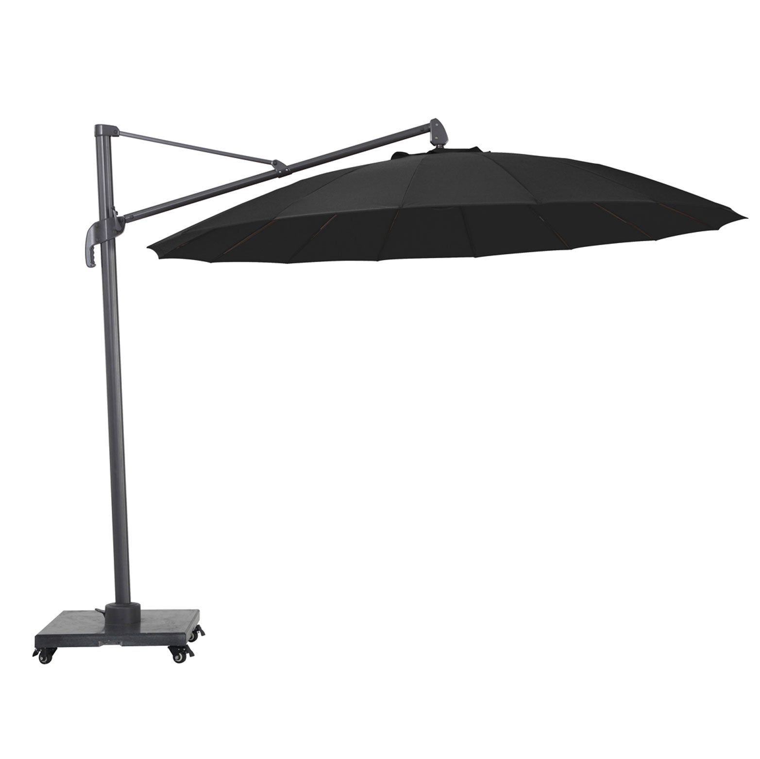 large tilting garden parasol on base with wheels